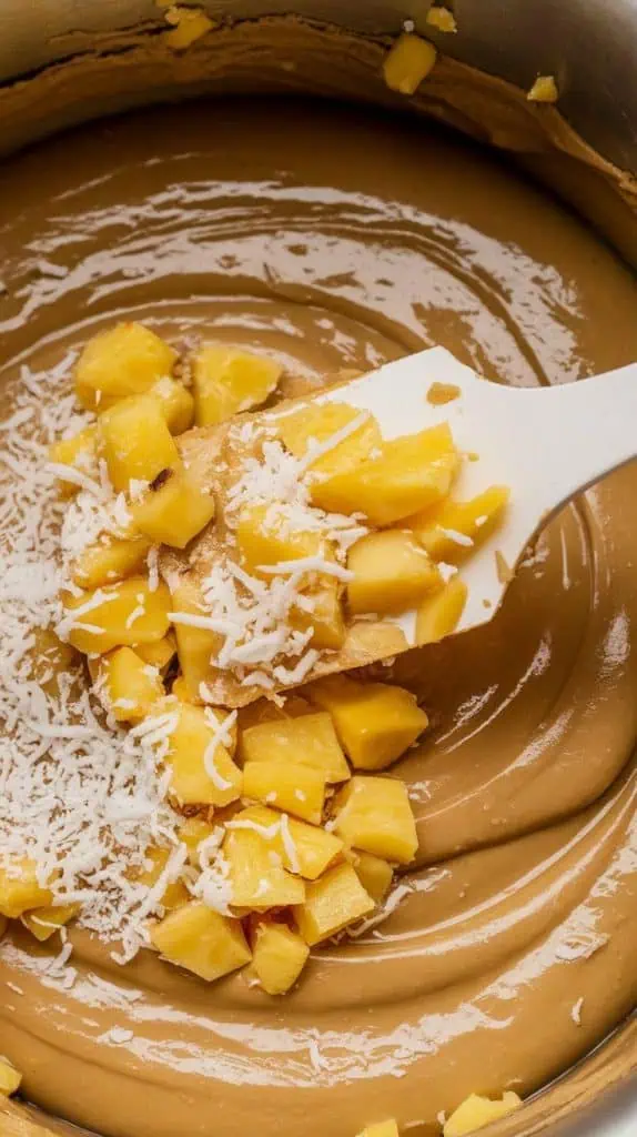  A super close-up shot of a spatula folding bright yellow crushed pineapple and shredded coconut into the fudge mixture.