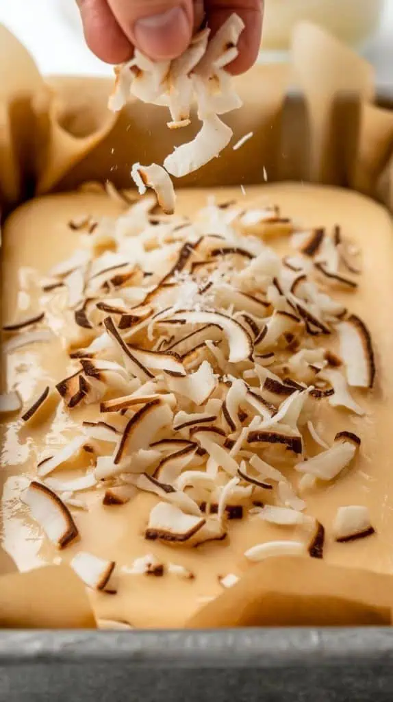 A super close-up shot of toasted coconut flakes being sprinkled over the smooth fudge