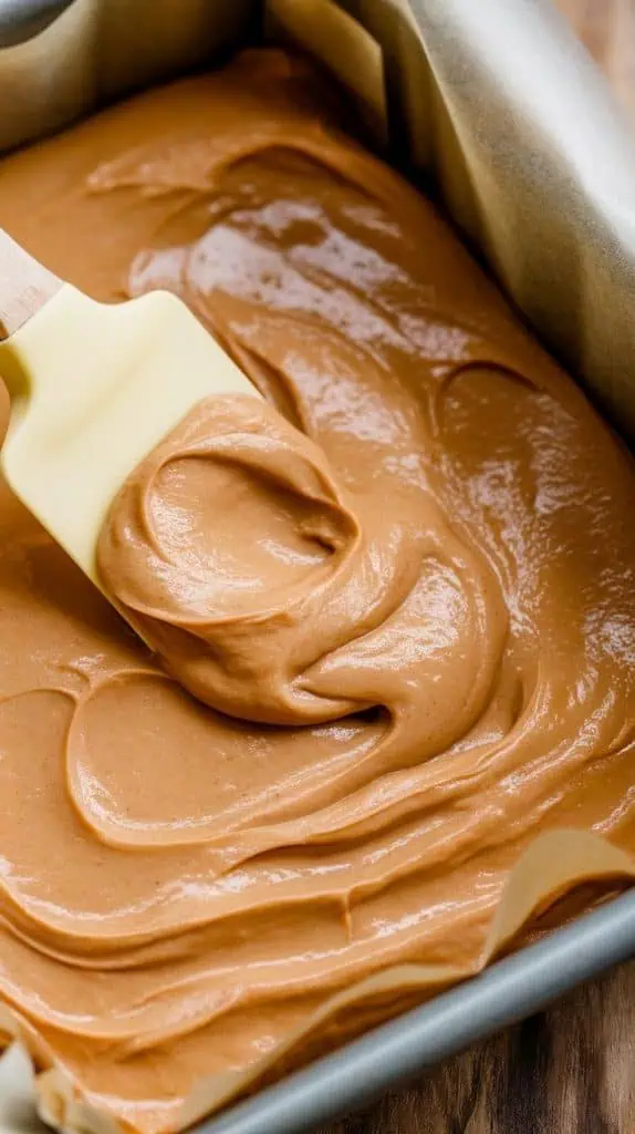 A super close-up shot of a spatula spreading thick Piña Colada fudge 