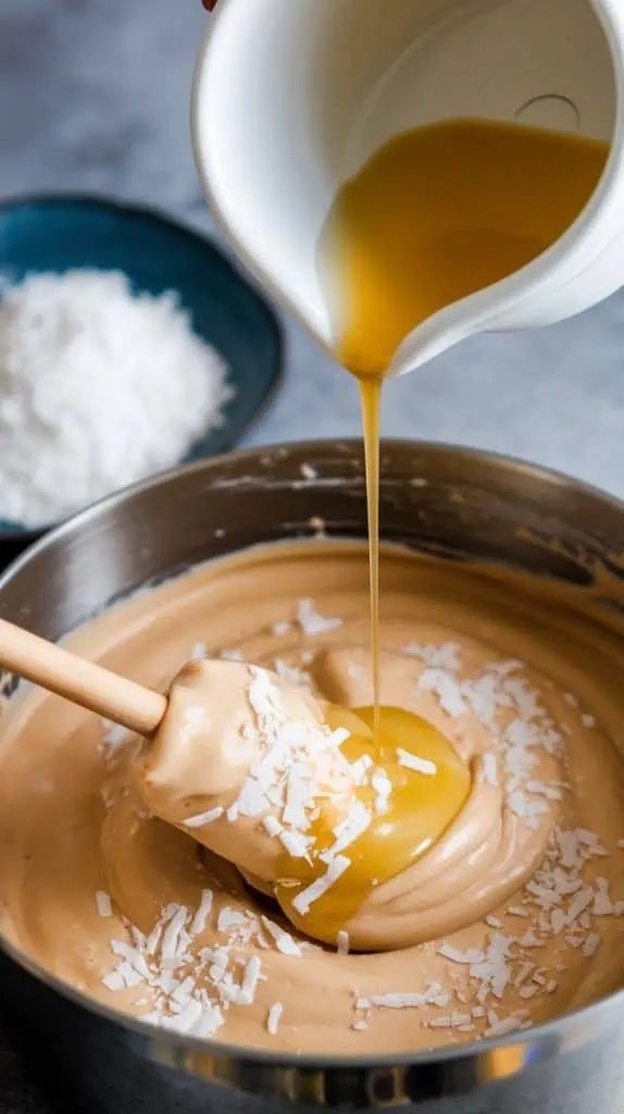 A super close-up shot of coconut extract being poured into the creamy melted fudge mixture