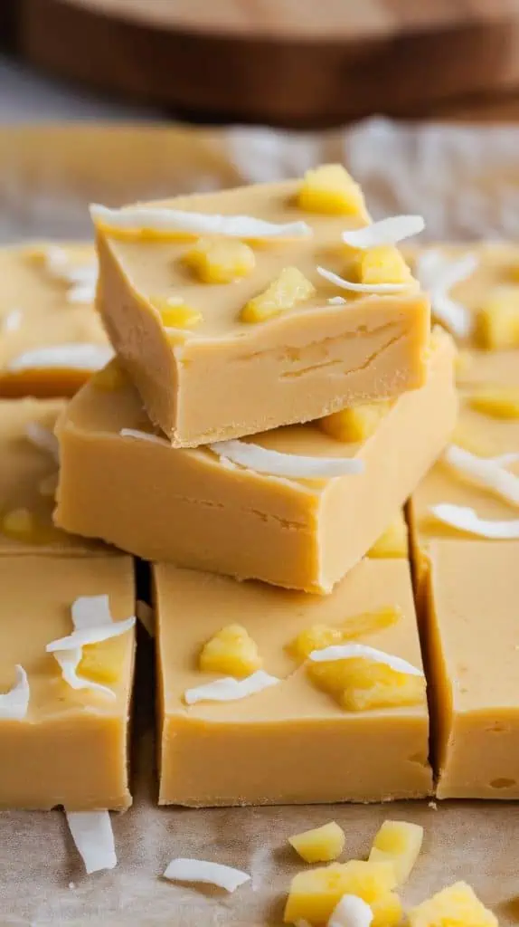 A super close-up shot of Piña Colada Fudge squares stacked on parchment paper
