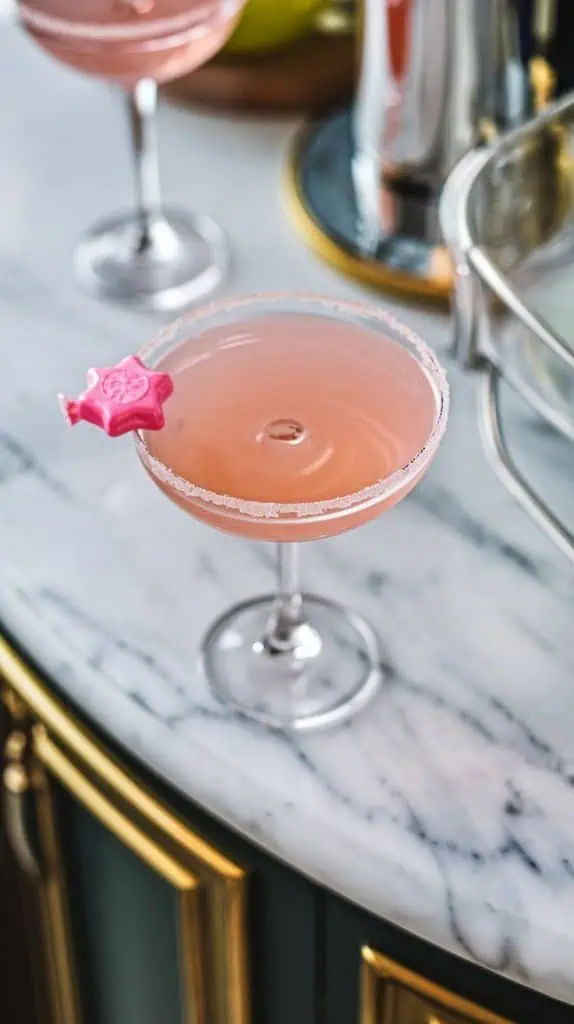 A super close-up shot of a pink Starburst candy resting on the rim of a martini glass, the pastel pink drink inside looking smooth and creamy. 