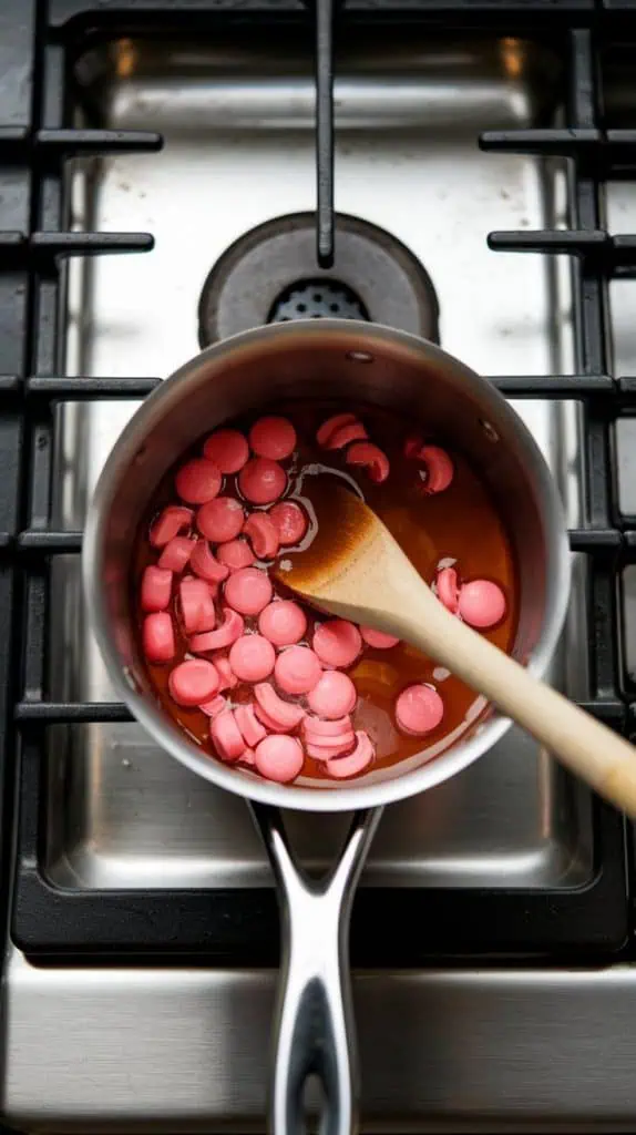  a small saucepan on a modern stainless steel gas stove, with pink Starburst candies melting into a thick, glossy syrup