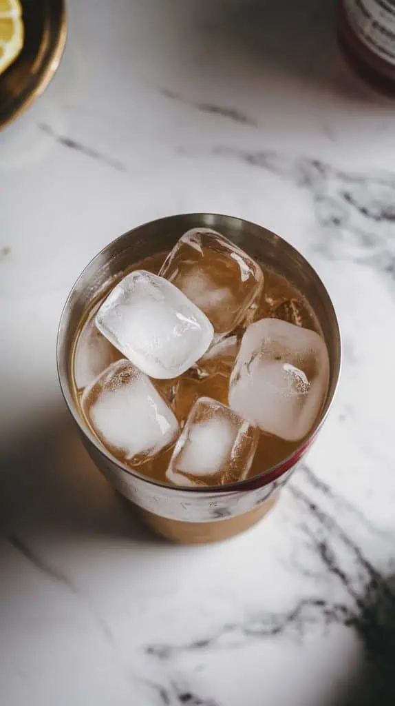 A super close-up shot of large ice cubes being added into the cocktail shaker, the liquid swirling inside before shaking. The shaker rests on white marble counters with hints of gold, with all-natural lighting