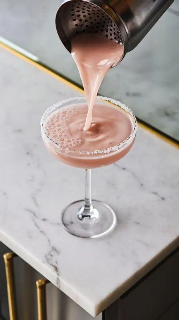 a silky, pastel pink martini being strained from a cocktail shaker into a sugar-rimmed martini glass, the liquid smooth and frothy. 