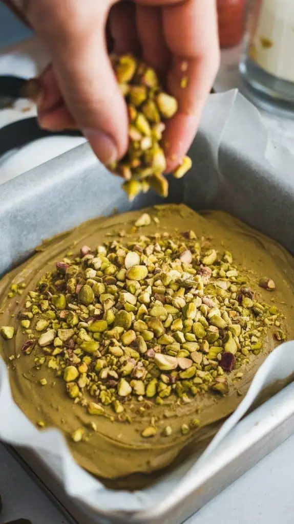 A super close-up shot of crushed pistachios being sprinkled over the smooth fudge