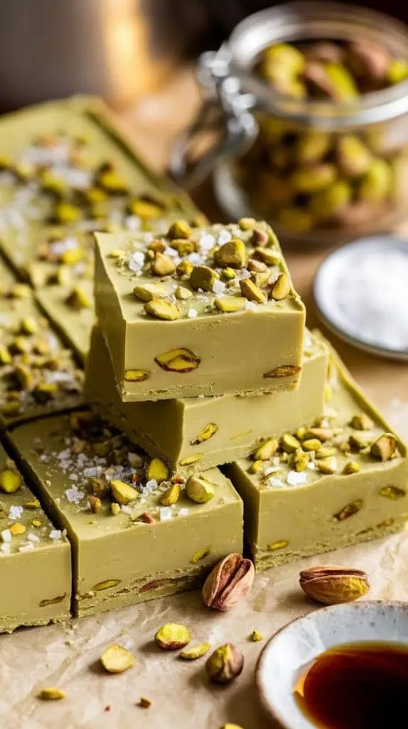 A super close-up shot of Pistachio Fudge squares stacked on parchment paper