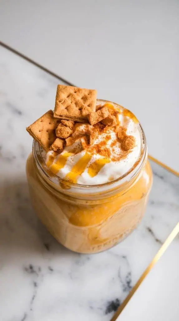 a jar of Pumpkin Cheesecake Overnight Oats, topped with crushed graham crackers, a drizzle of golden maple syrup, and a light dusting of cinnamon