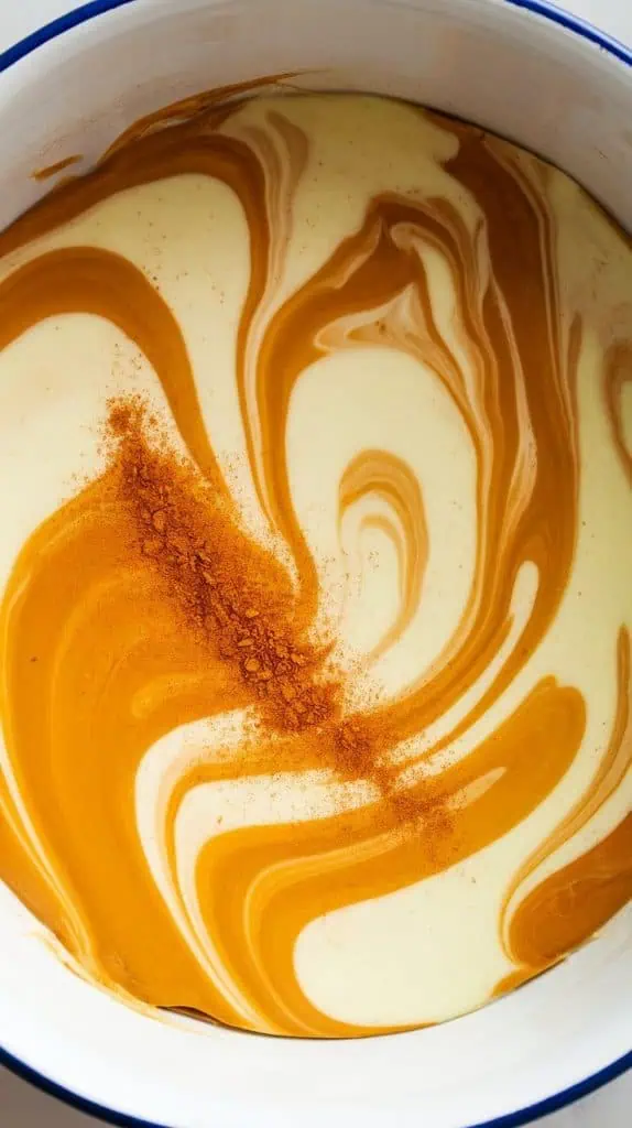 A super close-up shot of pumpkin purée being stirred into melted white chocolate