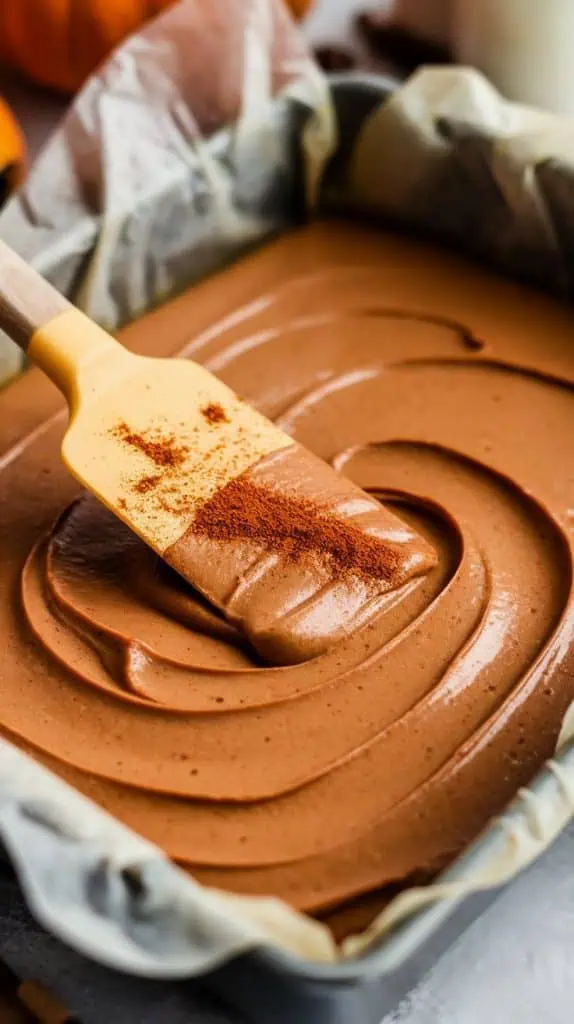 A super close-up shot of a spatula spreading smooth pumpkin spice fudge into a parchment-lined baking dish