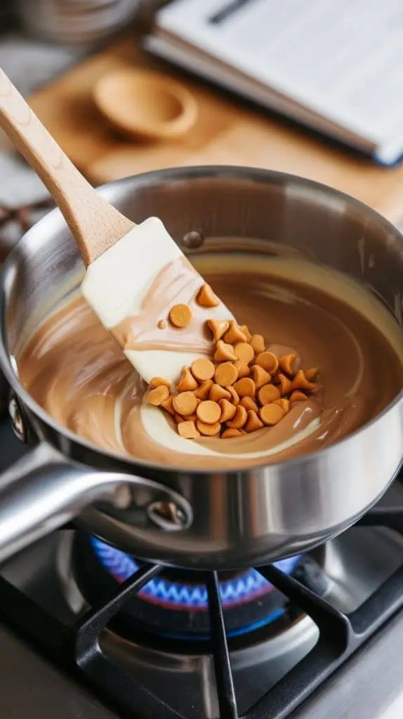 A super close-up shot of a spatula stirring melted white chocolate and butterscotch chips 