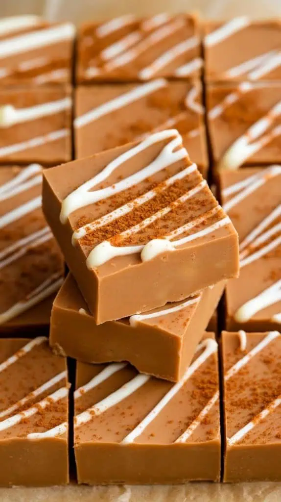 A super close-up shot of Pumpkin Spice Fudge squares neatly stacked on parchment paper