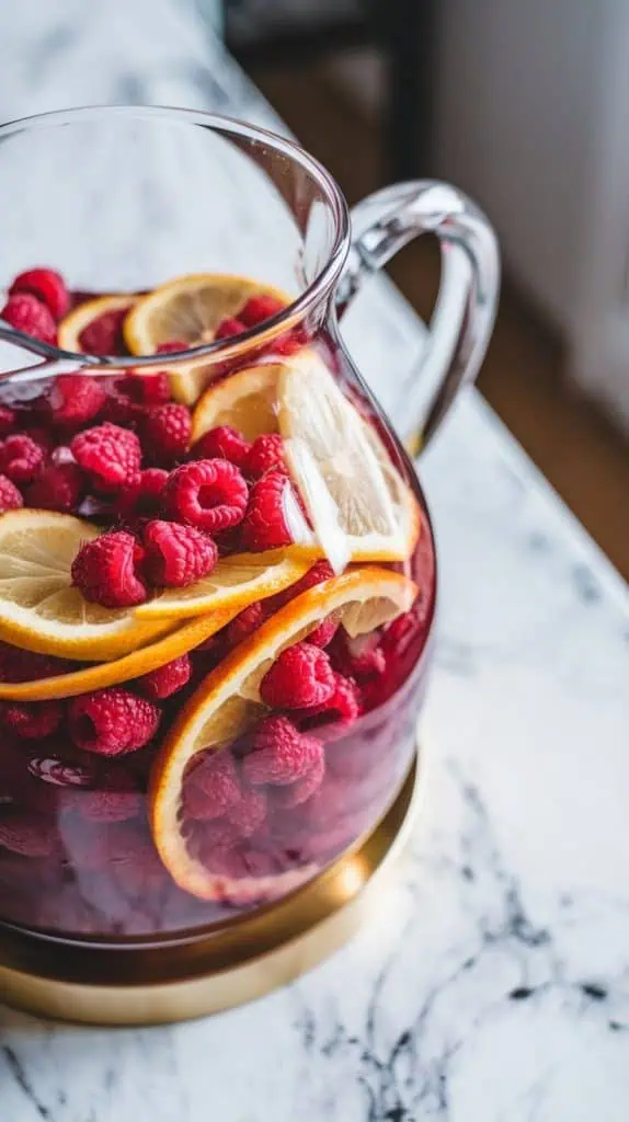 a large glass pitcher filled with fresh raspberries, thinly sliced orange, and lemon, their bright colors popping against the clear glass