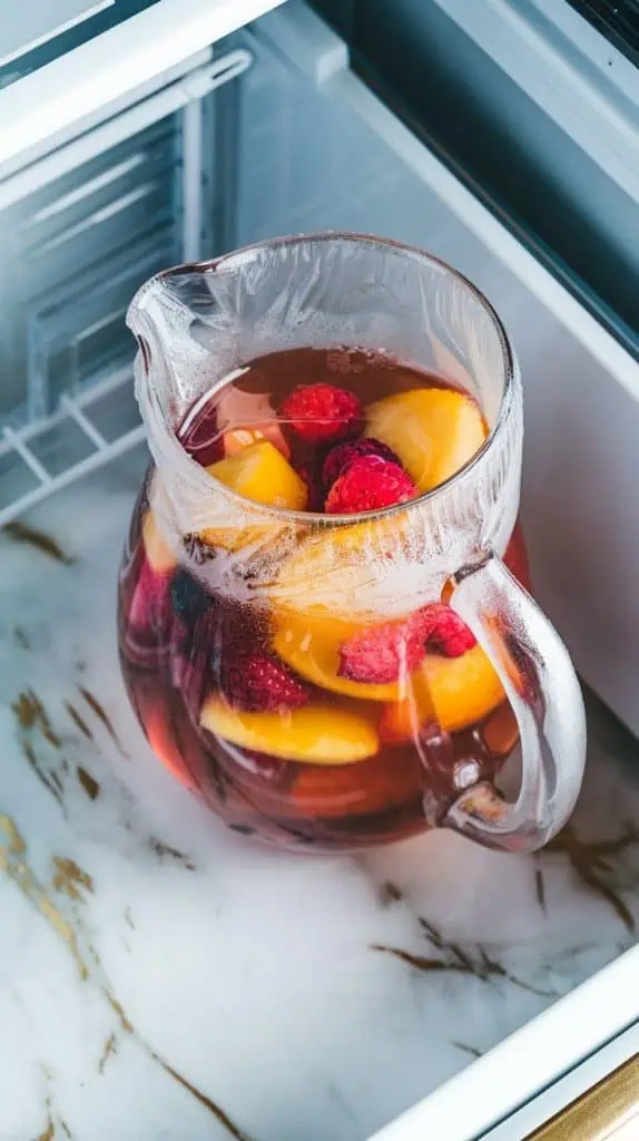 the glass pitcher filled with vibrant fruit and rosé, covered with plastic wrap and placed in the fridge