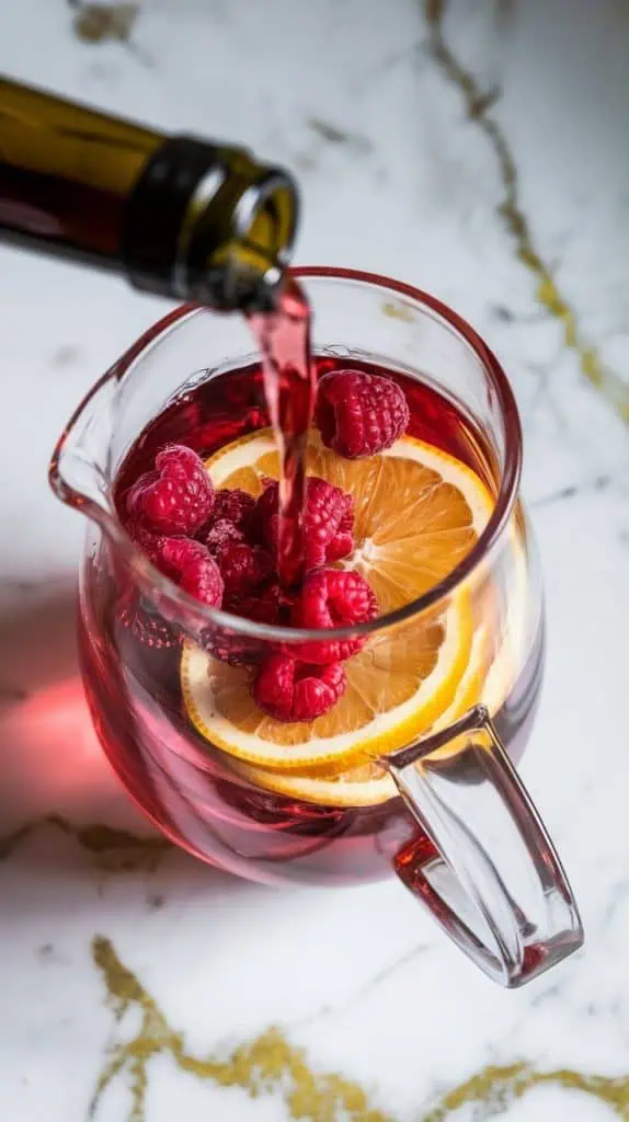  deep pink rosé wine being poured from a bottle into the glass pitcher, covering the fresh fruit