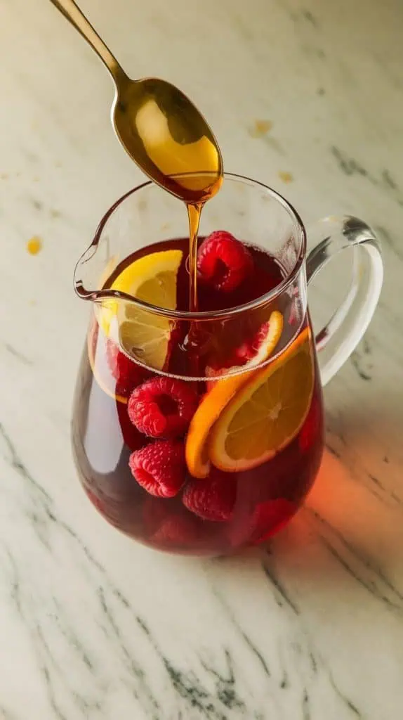 dark raspberry liqueur being poured into the pitcher, the deep red liquid swirling into the rosé.