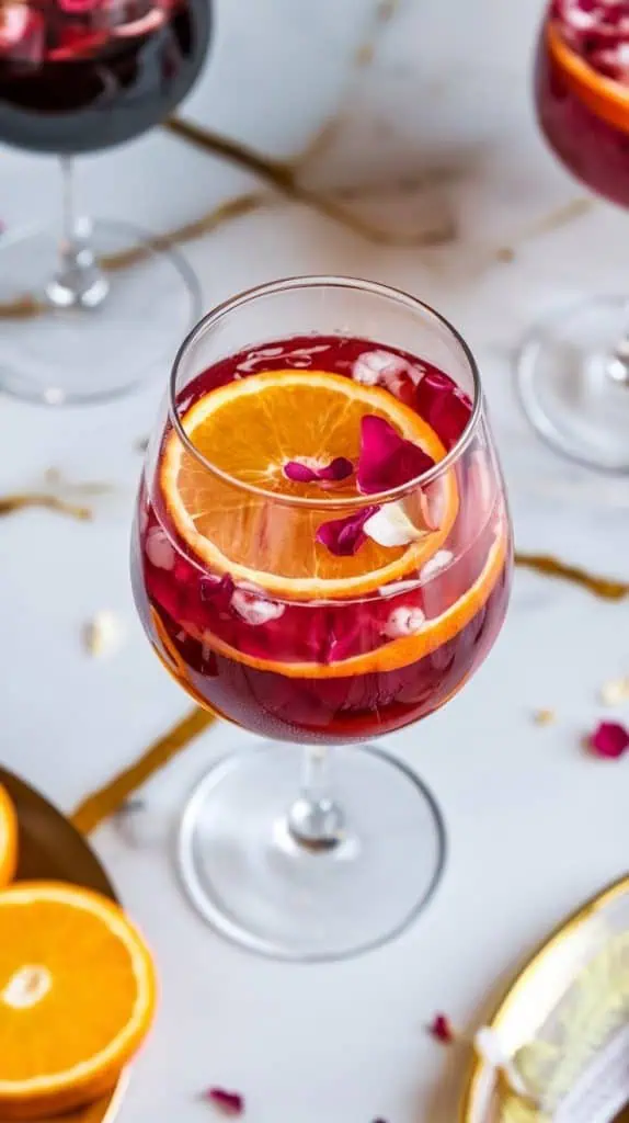 a wine glass filled with Raspberry Rose Sangria, thin orange slices floating inside, and delicate edible rose petals sprinkled on top