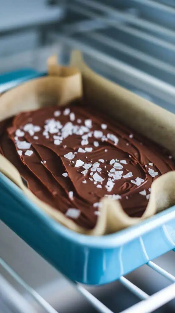 A super close-up shot of a baking dish covered with plastic wrap, resting in the fridge