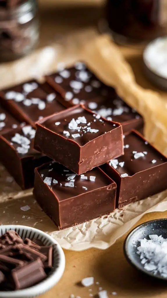 A super close-up shot of Sea Salt Dark Chocolate Fudge squares stacked on parchment paper, the edges clean and smooth