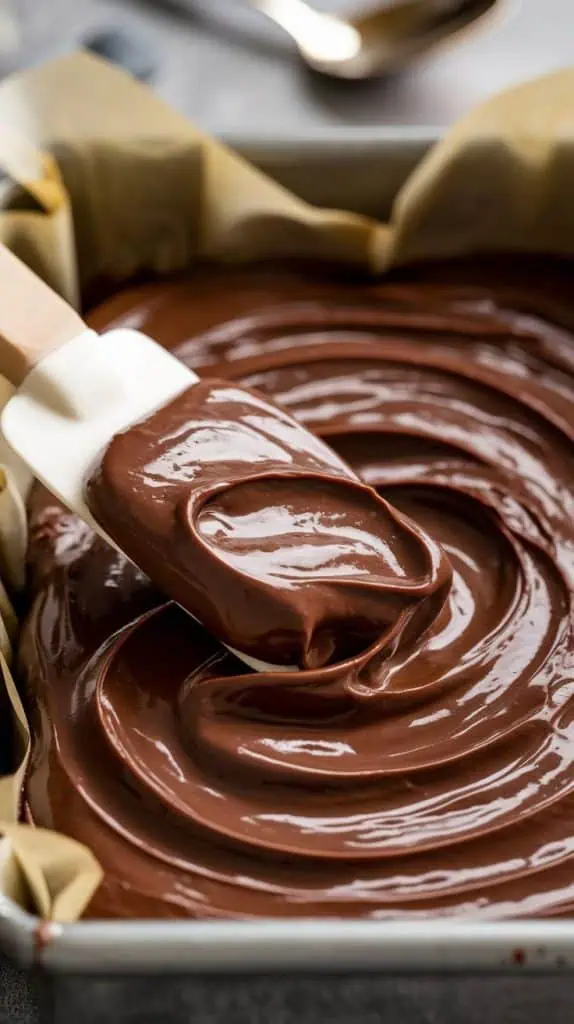A super close-up shot of a spatula spreading thick dark chocolate fudge into a parchment-lined baking dish