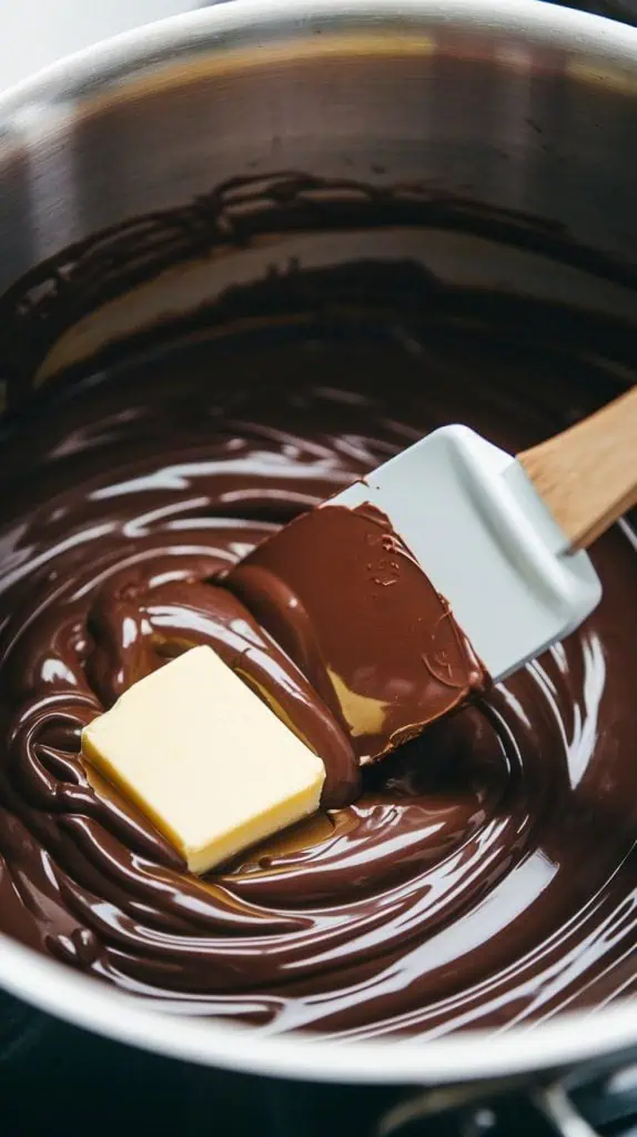 A super close-up shot of a spatula stirring melted dark chocolate, sweetened condensed milk, and butter