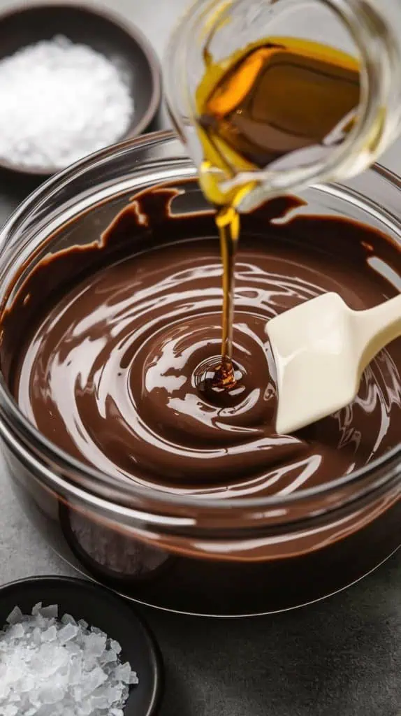 A super close-up shot of vanilla extract being poured into the creamy melted chocolate mixture