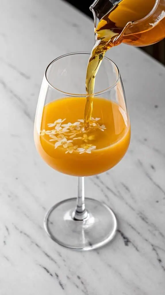 A super close-up shot of golden elderflower liqueur being poured into a wine glass, gently mixing with the orange juice at the bottom