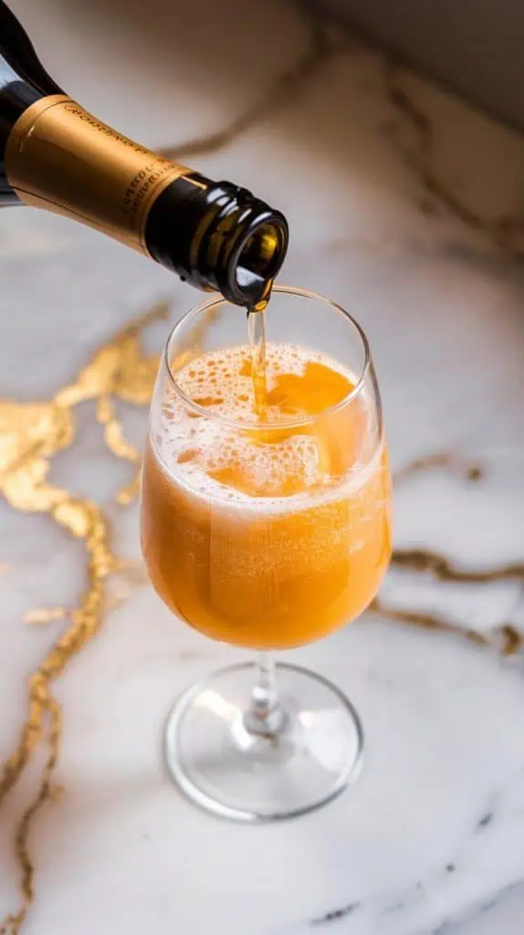 A super close-up shot of a chilled prosecco bottle pouring golden, fizzy liquid into a wine glass, bubbles rising to the top