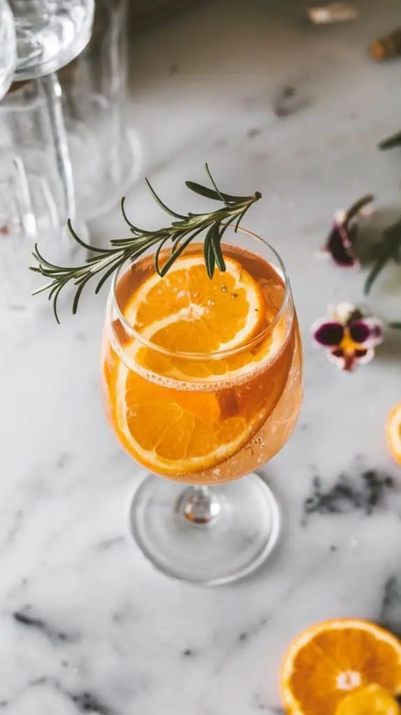 a delicate orange slice floating inside the wine glass, with a sprig of rosemary resting on the rim