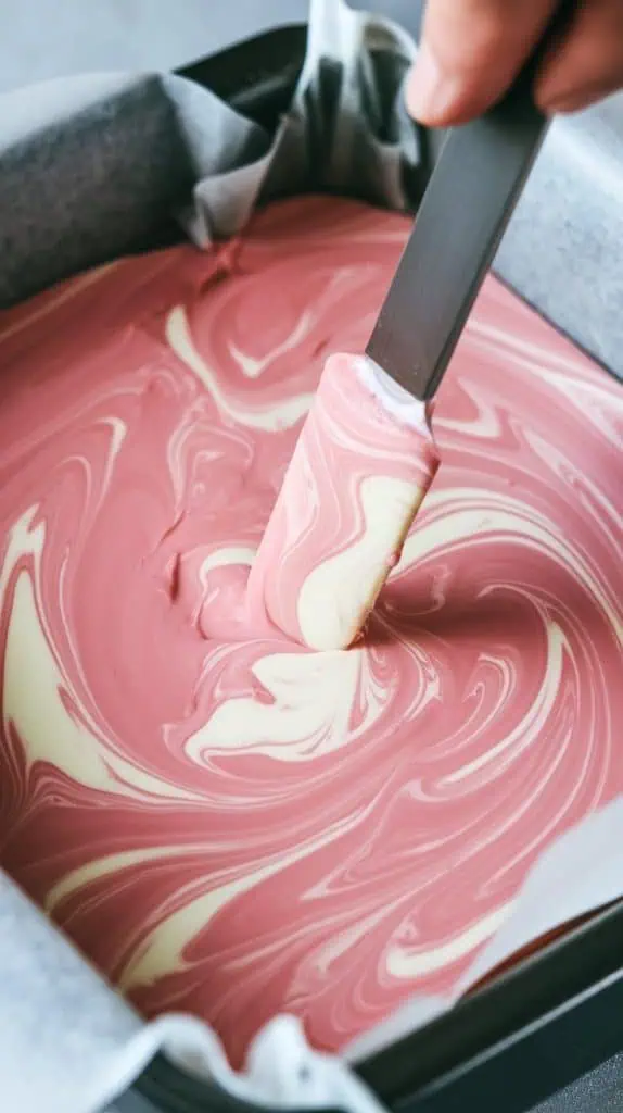  super close-up shot of a knife swirling pink and white fudge together