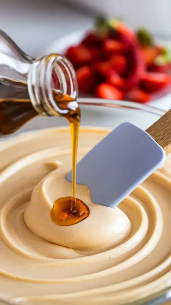A super close-up shot of vanilla extract being poured into the creamy fudge mixture