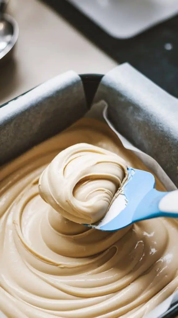 A super close-up, top-down shot of a spatula spreading thick white chocolate fudge into a parchment-lined baking dish