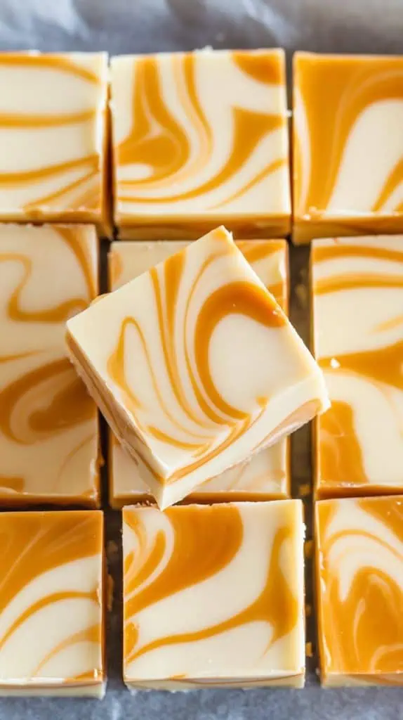 A super close-up, top-down shot of White Chocolate Caramel Fudge squares stacked on parchment paper
