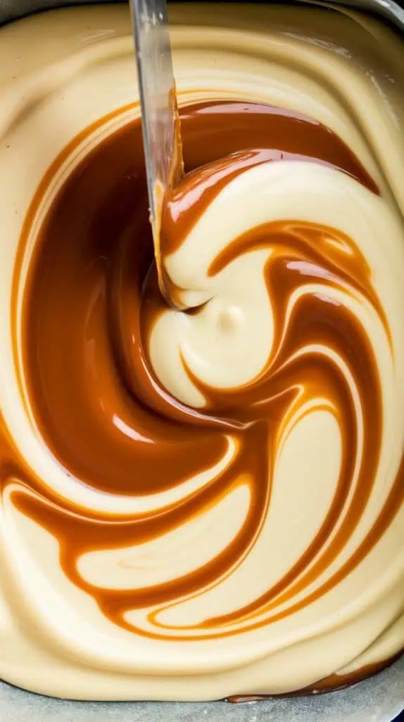 A super close-up, top-down shot of a knife swirling deep golden caramel into the creamy white fudg