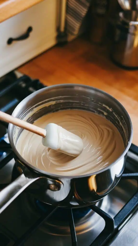  A super close-up, top-down shot of a spatula stirring melted white chocolate, sweetened condensed milk, and butter in a saucepan
