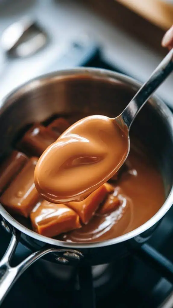 A super close-up, top-down shot of a spoon stirring melted caramel and heavy cream in a small saucepan