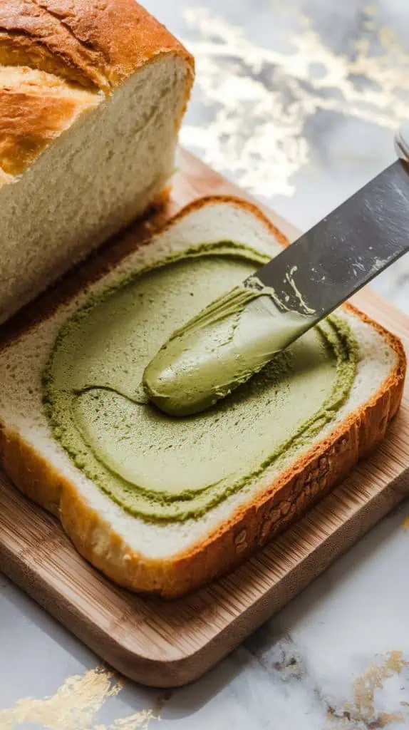 a butter knife spreading the creamy matcha butter onto a thick slice of brioche bread on a wooden cutting board