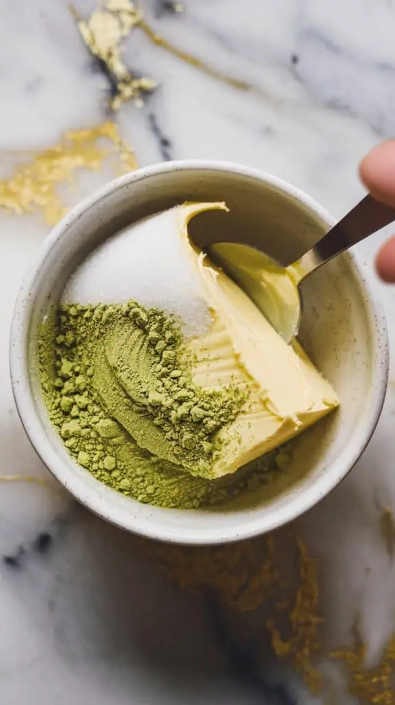  a small white bowl with softened unsalted butter, granulated sugar, and vibrant green matcha powder being mixed with a spoon