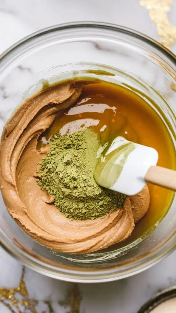 a mixing bowl filled with smooth, golden almond butter, glossy melted coconut oil, rich golden honey, and vibrant green matcha powder