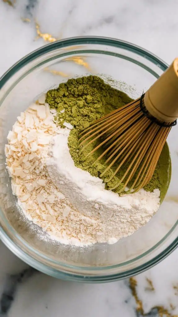 a mixing bowl filled with dry ingredients: