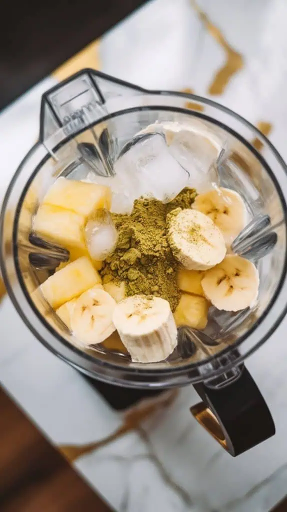 frozen pineapple chunks and banana slices in the blender over the creamy matcha powder and greek yogurt