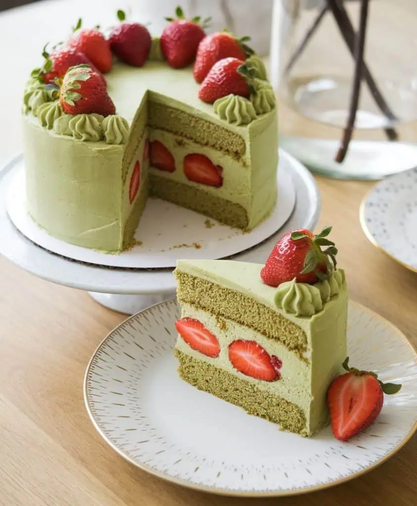 a matcha or green tea flavored sponge cake, adorned with a creamy green frosting and topped with fresh strawberries