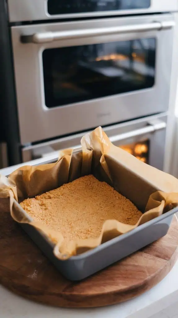 A close-up shot of the pre-baked crust inside the 8x8 baking dish lined with brown parchment paper, with a slightly golden color