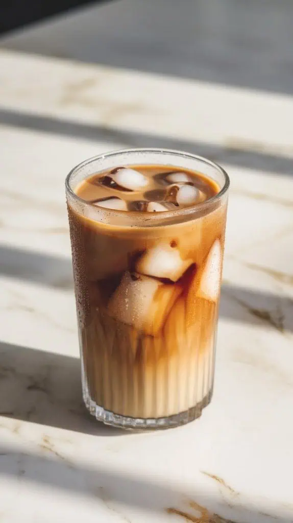 A clear, tall glass filled with well-blended Vietnamese iced coffee, with ice cubes floating naturally on top.