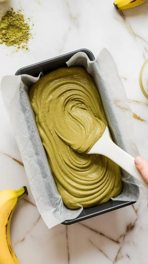 a loaf pan lined with white parchment paper inside a modern stainless steel double oven, with matcha banana bread rising and forming a golden crust with slight cracks on top