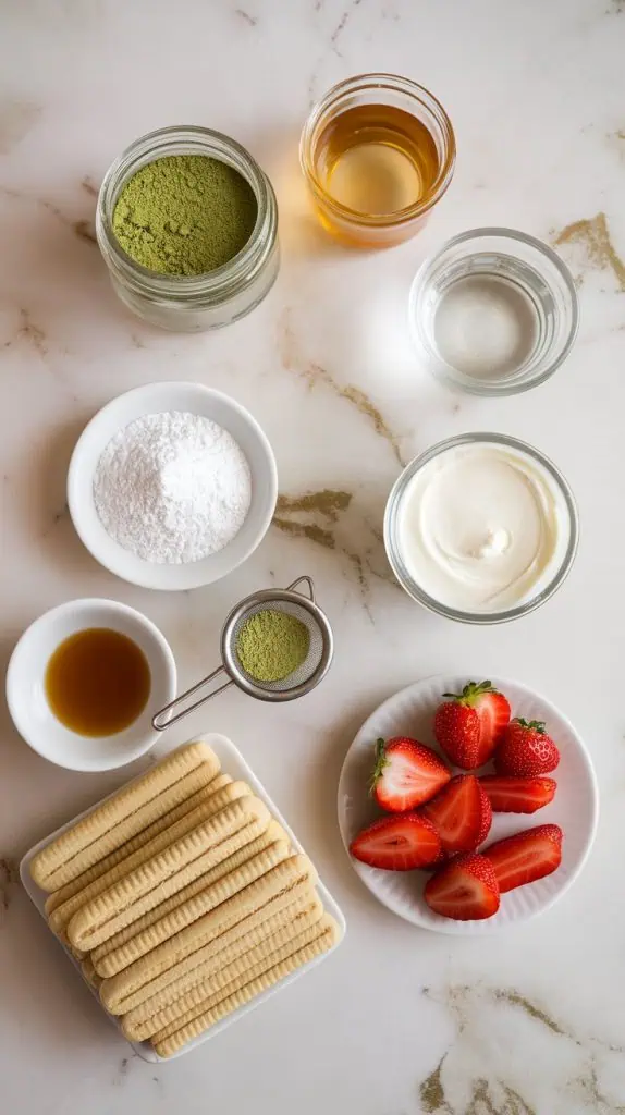 all the ingredients for strawberry matcha tiramisu