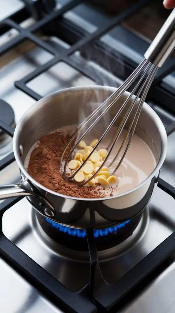 A whisk stirring rich cocoa powder and melting white chocolate chips into the steaming milk inside a small saucepan on a modern stainless steel gas stove with a gentle blue flame