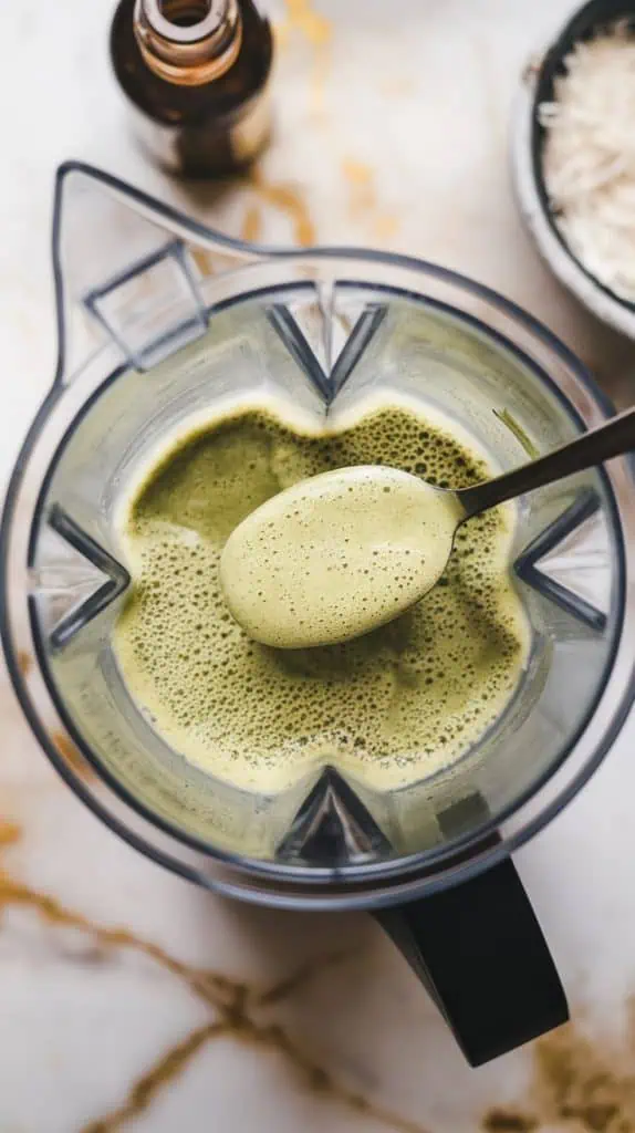 a blender filled with creamy coconut matcha mixture, with a silky, frothy texture on top