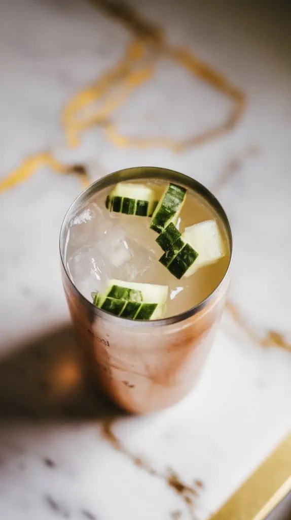 a cocktail shaker filled with ice, mashed cucumber, mashed basil, simple syrup, and gin