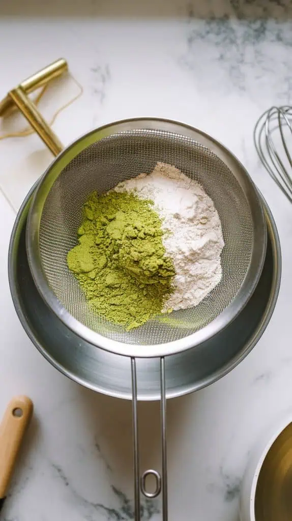 close-up shot of a fine-mesh sieve filled with vibrant green matcha powder and all-purpose flour being sifted into a mixing bowl